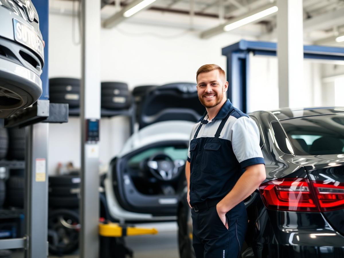 Technician working in a clean modern auto repair service bay